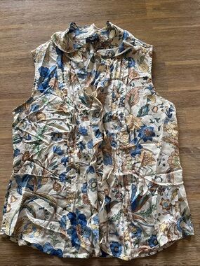 Talbots Cream Floral silk/cotton Sleeveless Ruffle-Front Blouse